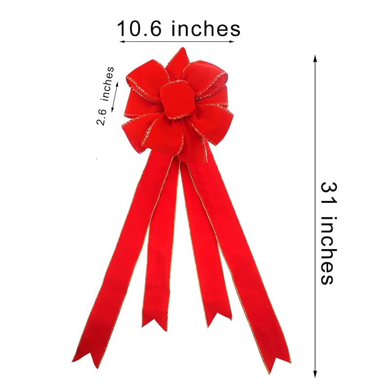 Velvet Red Christmas Tree Bows, 2-Pack Handmade Topper with Gold Wire - 11in x 15.7in Ready-to-Use