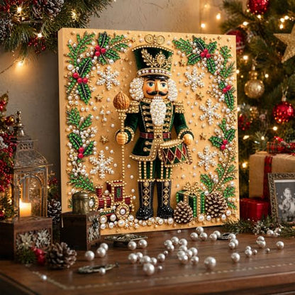 Pearl Painting Kit Nutcracker Green Christmas DIY Craft - 7.87in Stretched Canvas