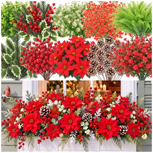 Christmas Artificial Flowers Bundle - Red & Green Poinsettia Berry Greenery - 100 Stems