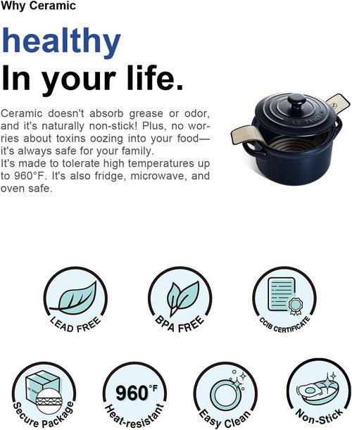 LE TAUCI 3 Qt Ceramic Dutch Oven - Lightweight, Non-Toxic Bread Baking with Silicone Sling | Oven, Microwave & Dishwasher Safe, Midnight Blue