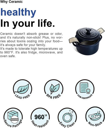 LE TAUCI 3 Qt Ceramic Dutch Oven - Lightweight, Non-Toxic Bread Baking with Silicone Sling | Oven, Microwave & Dishwasher Safe, Midnight Blue