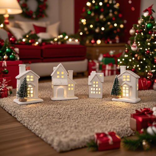 Christmas Village Set - 4 Lighted Ceramic Houses & 3 Trees | Indoor White Christmas Decorations