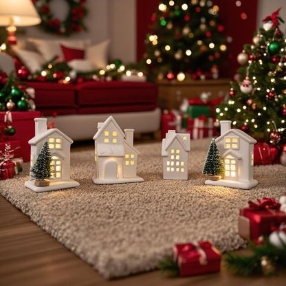 Christmas Village Set - 4 Lighted Ceramic Houses & 3 Trees | Indoor White Christmas Decorations