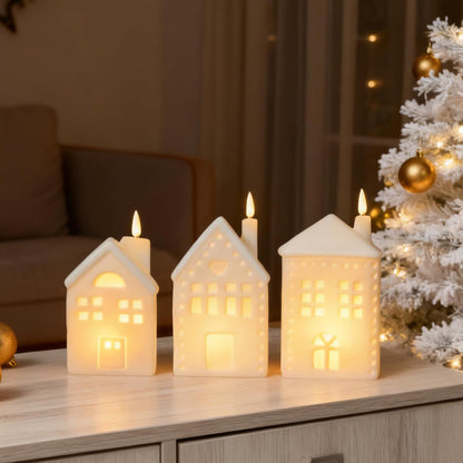 WDS WONDROUS Ceramic Christmas Village Set - Light Up Tabletop Decor | Set of 3 Flameless LED Houses