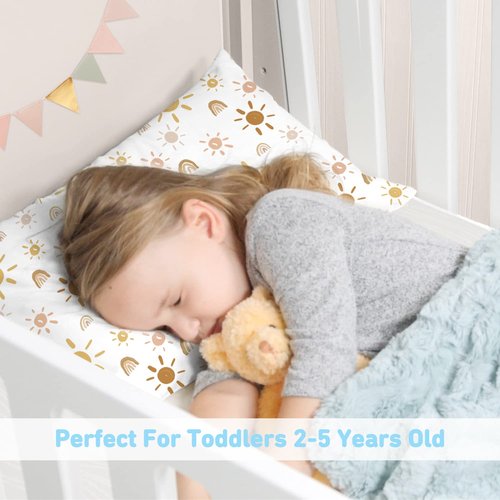 Babebay Toddler Pillows - 2-Pack 13x18 Cotton Pillows for Sleeping | Machine Washable, Travel-Friendly (Sunny Rainbow)