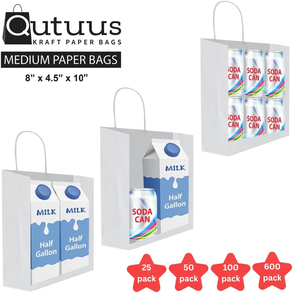 Qutuus White Paper Gift Bags with Handles Bulk 25 pcs 8x4.5x10 Medium White Paper Bags for Gifts, Valentines, Shopping, Retail