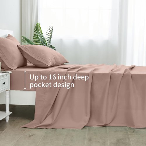 Linenline King Size Sheet Set - 6pcs Soft & Breathable Bamboo Rayon | 16-Inch Deep Pocket, Dusty Pink