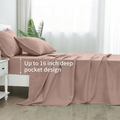 Linenline King Size Sheet Set - 6pcs Soft & Breathable Bamboo Rayon | 16-Inch Deep Pocket, Dusty Pink