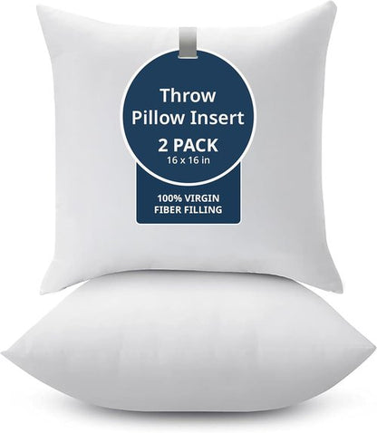 LANE LINEN Throw Pillow Inserts - Pack of 2, 16x16 Decorative Pillow Fillers for Couch - White