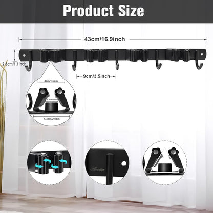 Skiennix Mop and Broom Holder - Wall Mount Organizer with 4 Racks & 5 Hooks | Heavy-Duty Stainless Steel for Home & Garage