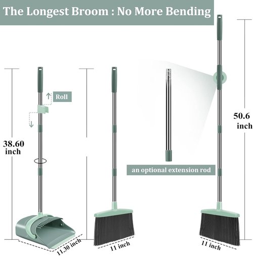 Ivandar Broom and Dustpan Set - Long Handle Combo for Effortless Sweeping | Gray & Green