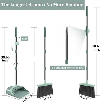 Ivandar Broom and Dustpan Set - Long Handle Combo for Effortless Sweeping | Gray & Green
