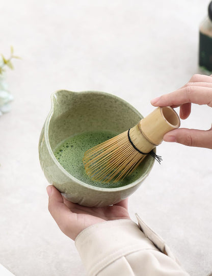 TANG PIN Matcha Set - 4-Piece Matcha Kit with Bowl, Whisk, Scoop & Stand | Mottled Green 15 OZ