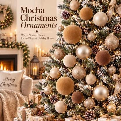 Neutral Christmas Ball Ornaments Set - Vintage Mocha Brown Velvet, Gold Variation