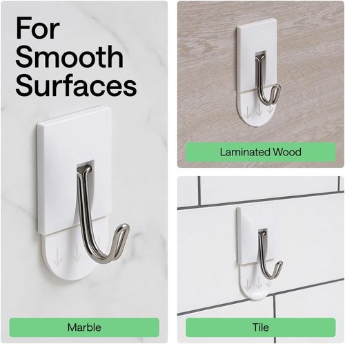 GORILLA GRIP Heavy Duty Adhesive Hooks - Damage-Free Wall Hangers for Kitchen & Bathroom | 5 Pack with 2 Extra Strips