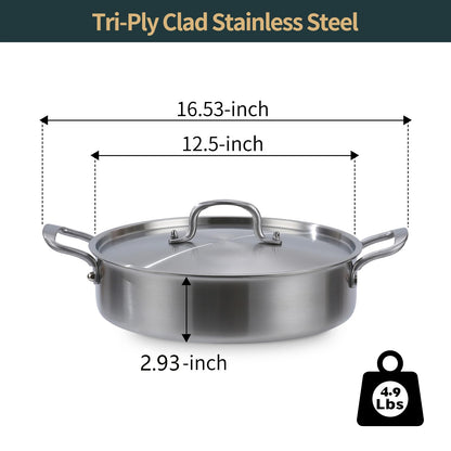Yeksum Saute Pan with Lid, 5 Quart Tri-Ply Stainless Steel Saute Pan, 12inch Deep Frying Pan with Lid, Large Skillet, Rondeau Pot with Lid Compatible with All Cooktops Up to 600℉