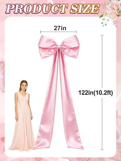 Skiennix 27" x 122" Giant Pink Bow - Satin Birthday Decoration with Long Streamers for Christmas Tree Topper
