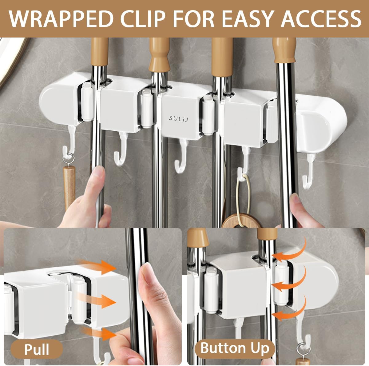 Broom Holder Wall Mount by 2Pcs - No-Drilling Self-Adhesive Storage Rack with Hooks | White, 4 Racks & 5 Hooks