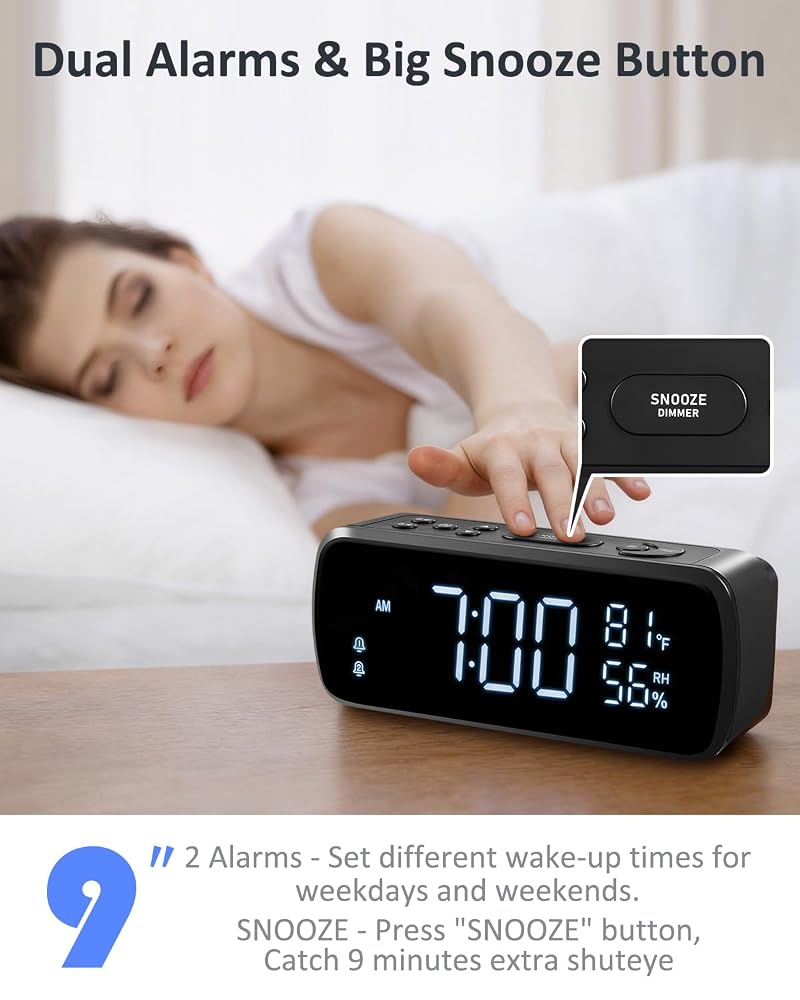Digital Alarm Clock with FM Radio for Bedroom – 7" LCD, Dual Alarms