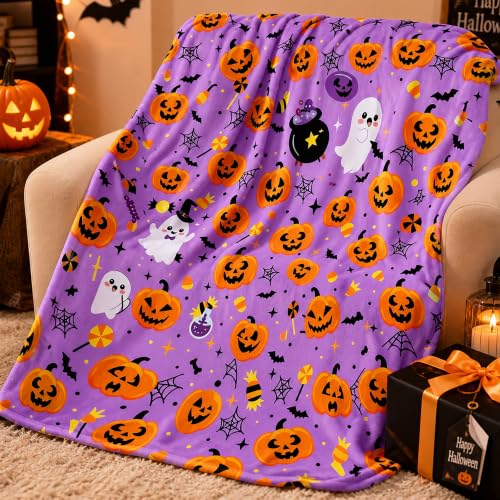 Halloween Throw Blanket Soft Flannel Ghost Pumpkin Decor for Couch Bed - Purple Pumpkin & Ghosts 40x50