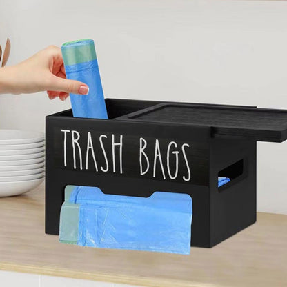Wooden Trash Bag Dispenser, Trash Bag Holder Wall Mount, Garbage Bag Holder for Cabinet, Farmhouse Plastic Bag Holder for Kitchen Countertop, Under Sink Laundry Room Storage (Black)