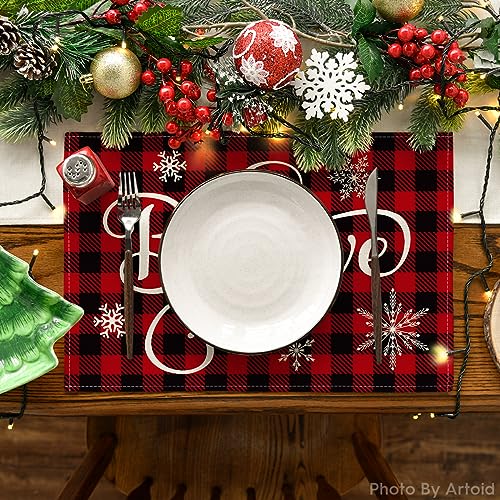 Christmas Buffalo Check Plaid Placemat Set of 4 - 12 x 18 Inches, Red & Black, Washable Rustic Table Decor