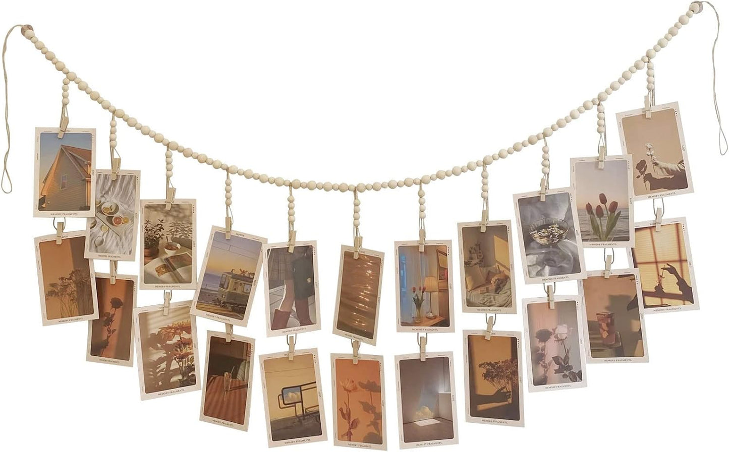 Wooden Bead Garland Photo Display | 22 Clip Boho Style Collage Frame for Dorms & Bedrooms