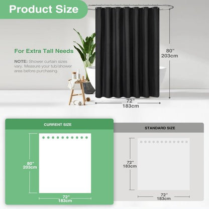Dynamene Long Black Fabric Shower Curtain - Waffle Textured Tall Heavy Duty Cloth Shower Curtains for Bathroom, 256GSM Large Hotel Spa Luxury Bath Curtain Set with 12 Plastic Hooks(72Wx80H, Black)