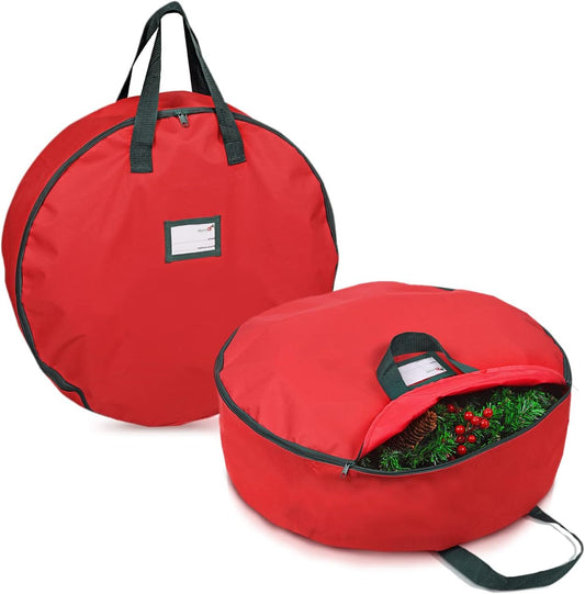 Primode Christmas Wreath Storage Bag - 24" Artificial Wreath Container with Sturdy Handles & Dual Zipper - Red (2 Pack)