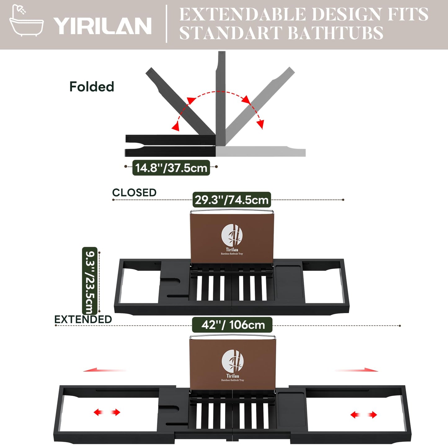 Premium Bamboo Bathtub Tray Caddy - 1 or 2 Person Expandable Wooden Bathroom Tray,Bamboo Bathtub Tray Expandable,Bath Tub Table Caddy with Extending Sides - Black
