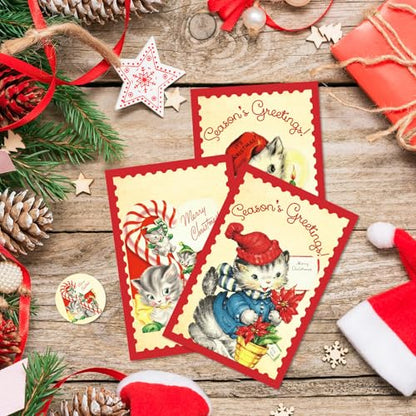 Christmas Greeting Cards with Envelopes Stickers - Vintage Cat Blank Note Cards Set