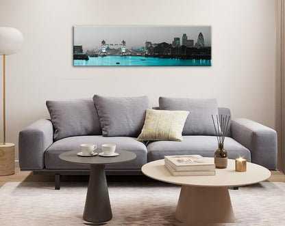 London Framed Wall Art Canvas - Black and White London Bridge Poster | 14" x 48" Cityscape Decor