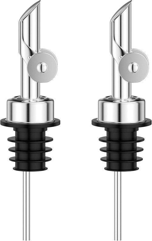 Auto Flip Liquor Pour Spouts 2-Pack, Leak-Proof 304 Stainless Steel Wine Pourer & Olive Oil Dispenser with Food-Grade Silicone for Kitchen, Bar, Restaurant (Silver)