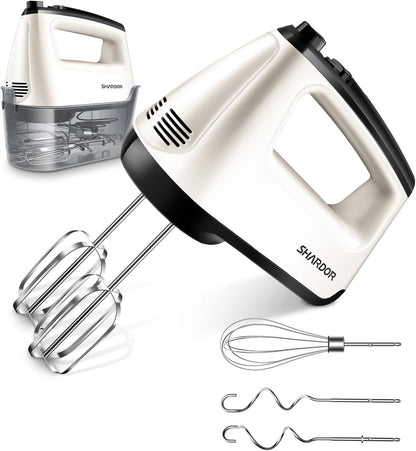 SHARDOR Electric Hand Mixer - 6 Speed Turbo with Snap-On Storage Case & 5 Stainless Steel Attachments - White