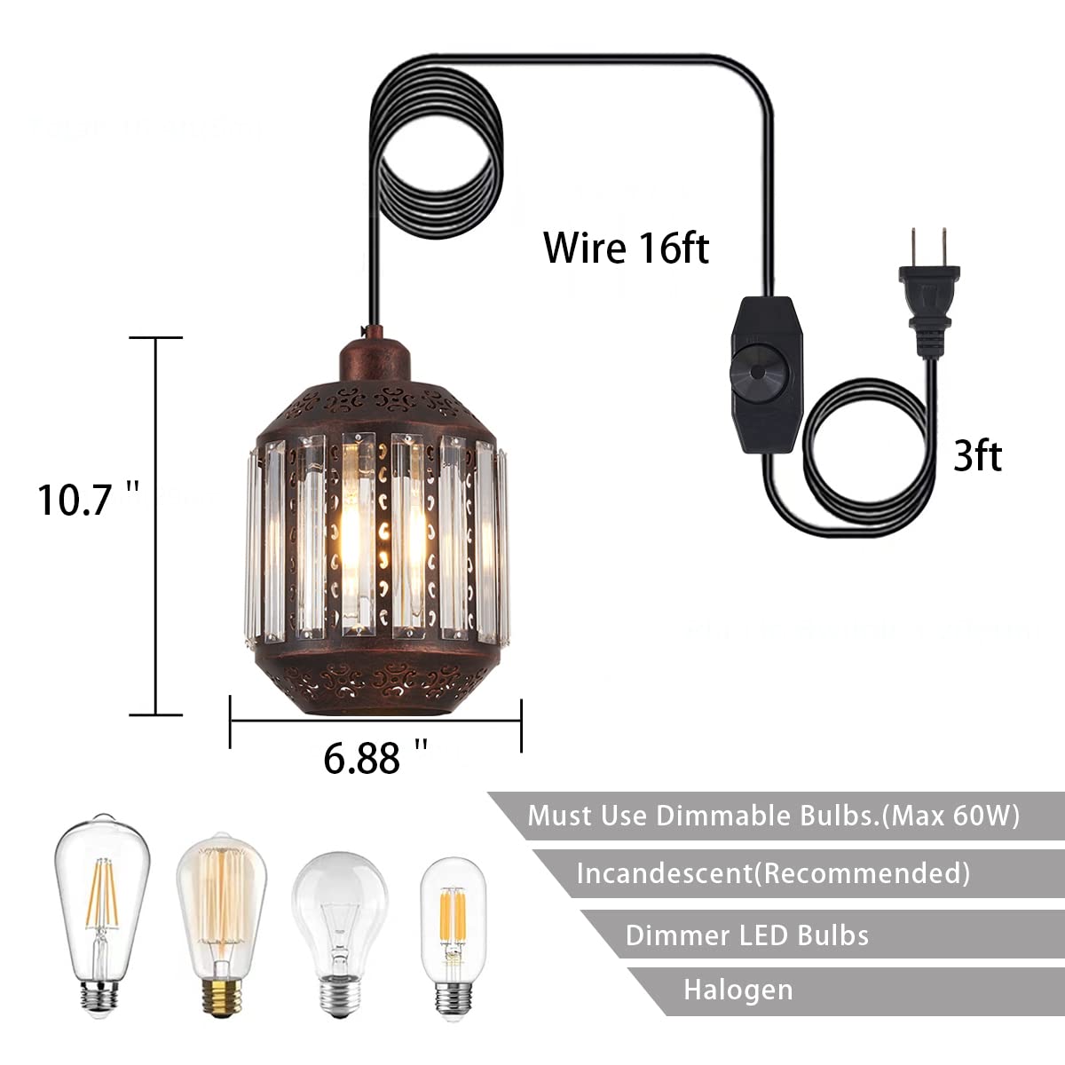 YLONG-ZS Hanging Lamps Swag Lights Plug in Pendant Light 16.4 FT Cord and Chain/Hanging Pendant Light Cage in-Line On/Off Dimmer Switch for Kitchen Island, Dining Room, Entryway