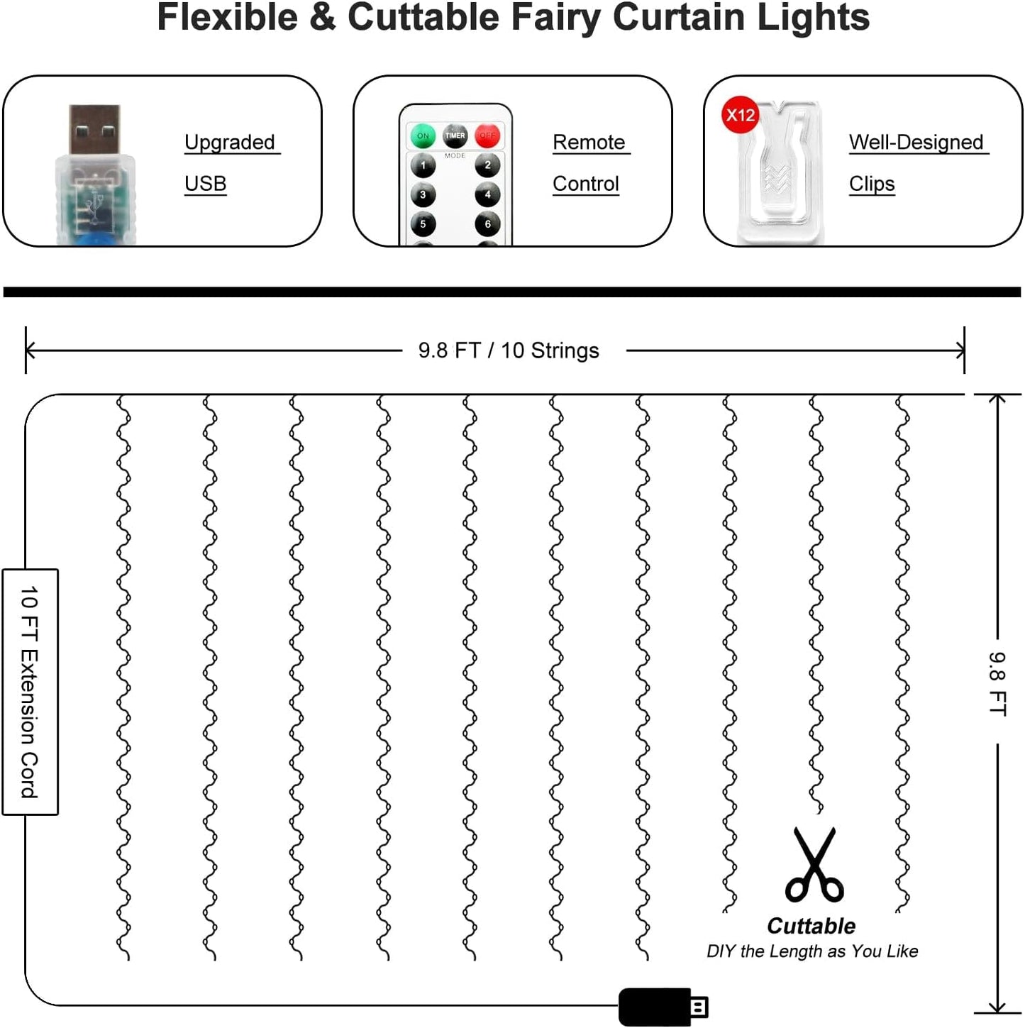 Skiennix 300 LED Fairy Curtain Lights - 9.8 x 9.8FT Green USB Plug with Remote & 8 Modes for Indoor/Outdoor Decor