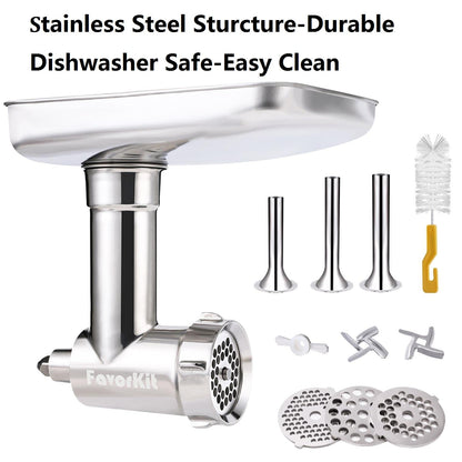 Stainless Steel Food Grinder Attachment for KitchenAid Mixers, Dishwasher Safe, Strong Meat Processor Accessories Included 3 Sausage Stuffer Tubes