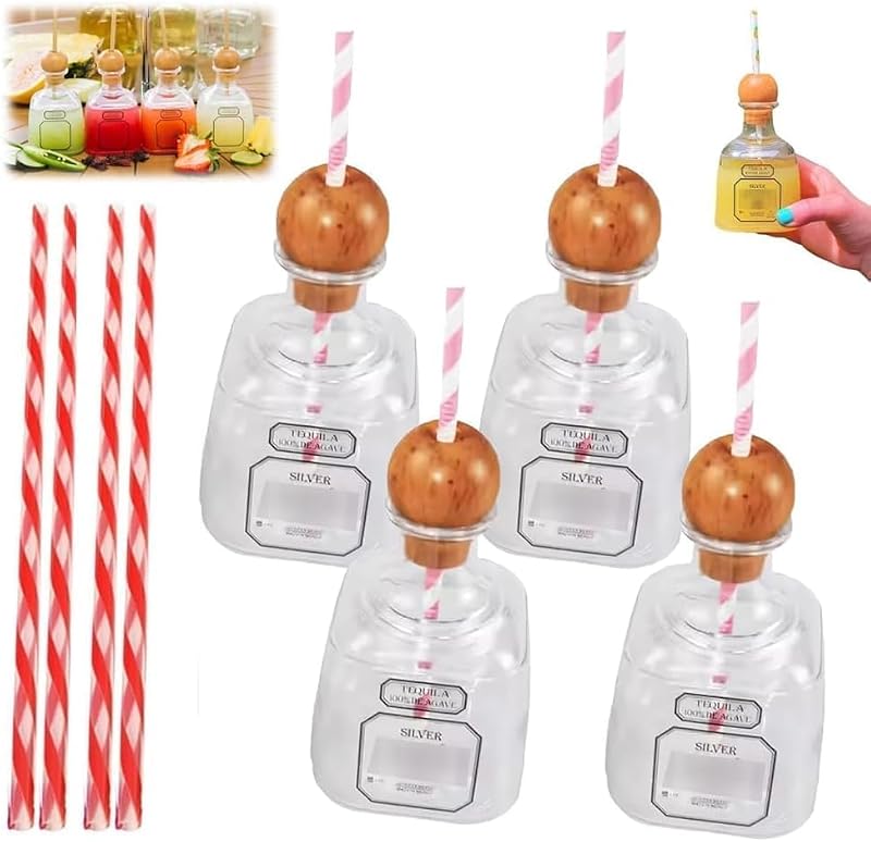 4 Pieces Transparent Plastic Wine Bottles with Cup Handle & Straw Set
