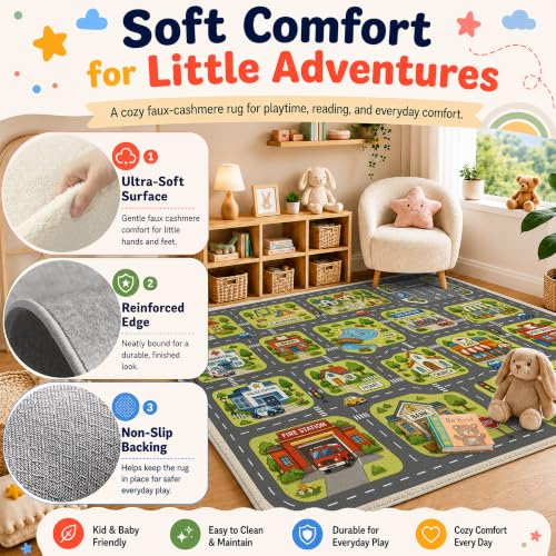 Kids Town Road Rug - Car Play Map Carpet for Playroom, 3 x 5 ft - Town Car Road Variation