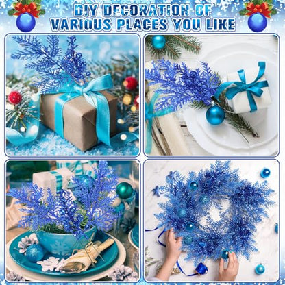 Dark Blue Glitter Berries & Pine Needles Christmas Stems, 80 Pcs
