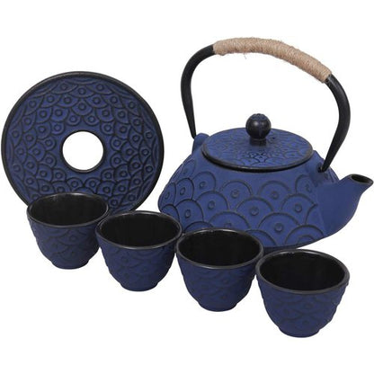 COOGOU Japanese Style Cast Iron Teapot Set with 4 Tea Cups Iron Tea Kettle with Infuser Hemp Rope Trivet Asian Gift for Adults Parents (Fish Scale Pattern, Blue,Anti Rust)