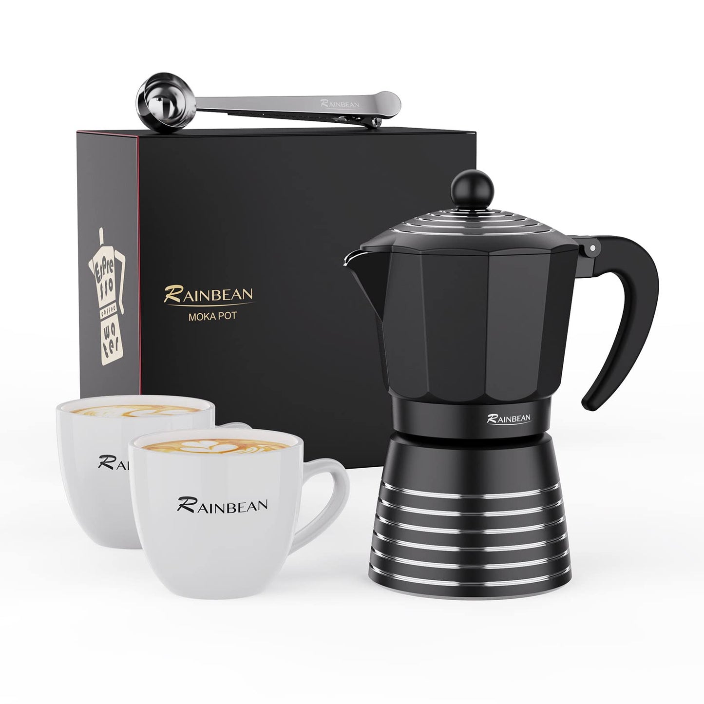 RAINBEAN Moka Pot 6 Cup Set Espresso Maker, Steam Italian Stovetop Coffee Makers Percolator, Aluminum Ripple Ring Design, Easy To Use & Clean, 2 Ceramic Cups | Stainless Spoon | Black