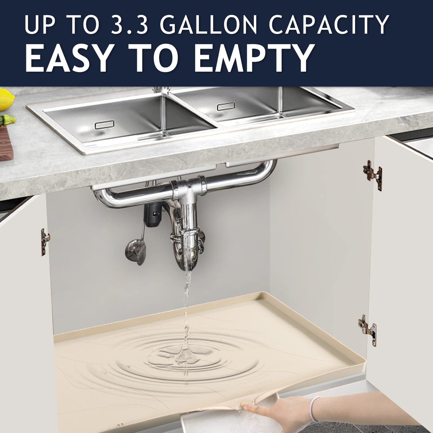 Vangostella Heavy Duty Silicone Under Sink Mats for Kitchen Waterproof 22" x 22", Extra Thick Under Sink Rubber Mat Drip Tray, Raised Edge Under Sink Liner,Prevent Drips, Leaks, Spills,Taupe