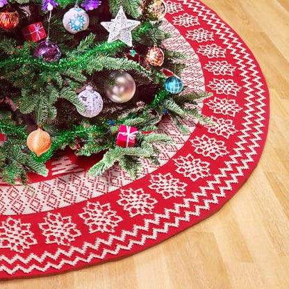 Knitted Christmas Tree Skirt 48 Inch Snowflake Cable Knit Holiday Decor Red Burgundy