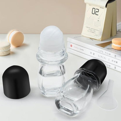 Empty Glass Roller Bottles 2 Pcs Black Clear Empty Glass Essential Oil Roller Bottles Empty Refillable Roll on Glass Bottles with Refillable Containers Tools and Accessories (30ML)