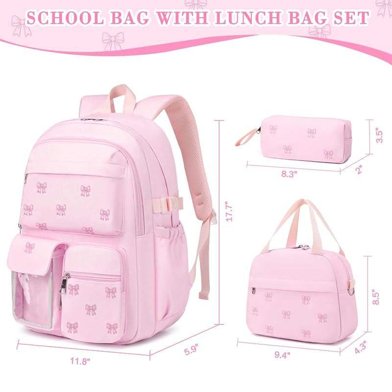 Embroidered 3Pcs Girls Backpack Set with Lunch Bag - Pink Bow Variation