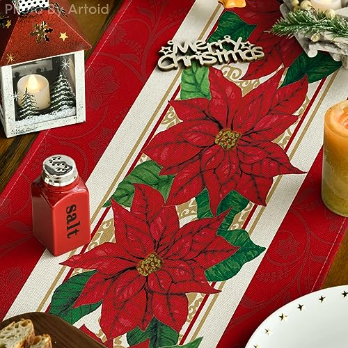 Poinsettia Xmas Table Runner 13x72 Inch - Red Holiday Home Decor