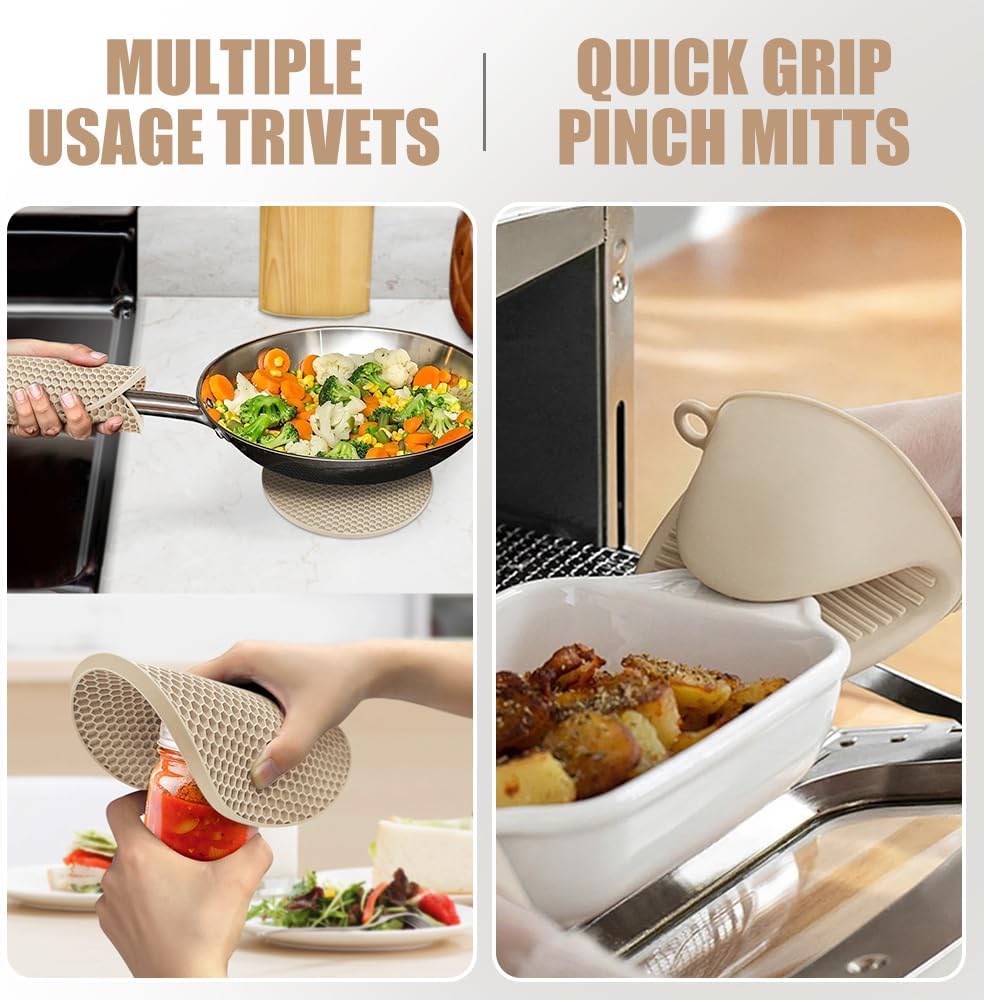 Rorecay Silicone Oven Mitts Set - Extra Long, High Heat Resistant 500°F | 6-Piece Non-Slip Kitchen Gloves & Potholders