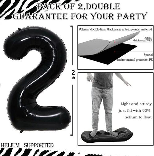 GOER Black Foil Number 2 Balloons - Huge 42 Inch, 32 Inch & 16 Inch for 2nd Birthday & Anniversary Celebrations