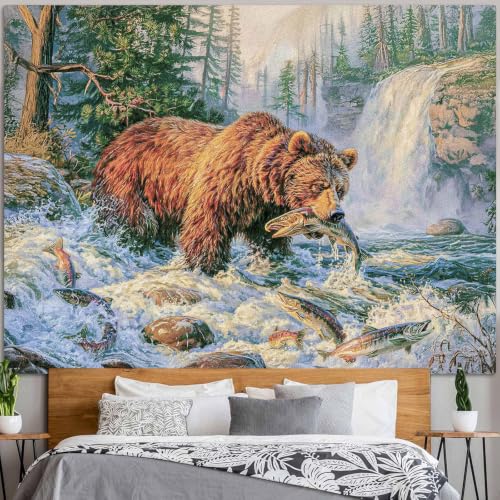 Farmhouse Wall Tapestry - Brown Bear Catching Salmon in River, 36x48in - Rustic Cabin Decor